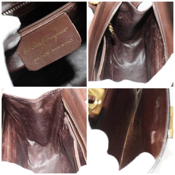 Salvatore Ferragamo Gancini Hand Bag Leather 2way Brown Gold Auth - Picture 15 of 16